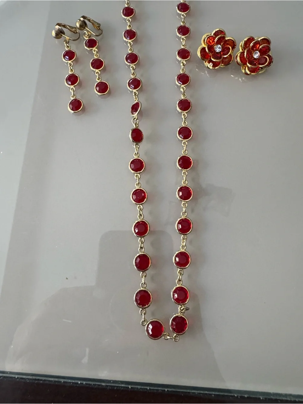 Gold-Tone Red Faceted Crystal‎ Necklace and Clip Earrings Set